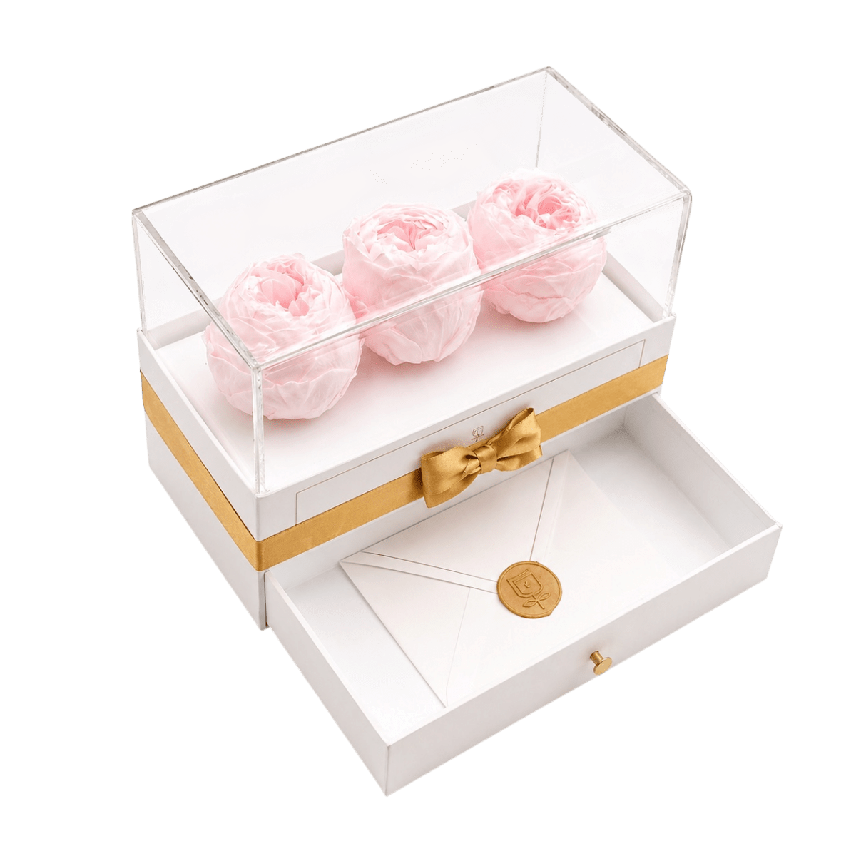 Harmonia White - 3 Peonias con cajonera - arreglo de rosas - Rosata Floral