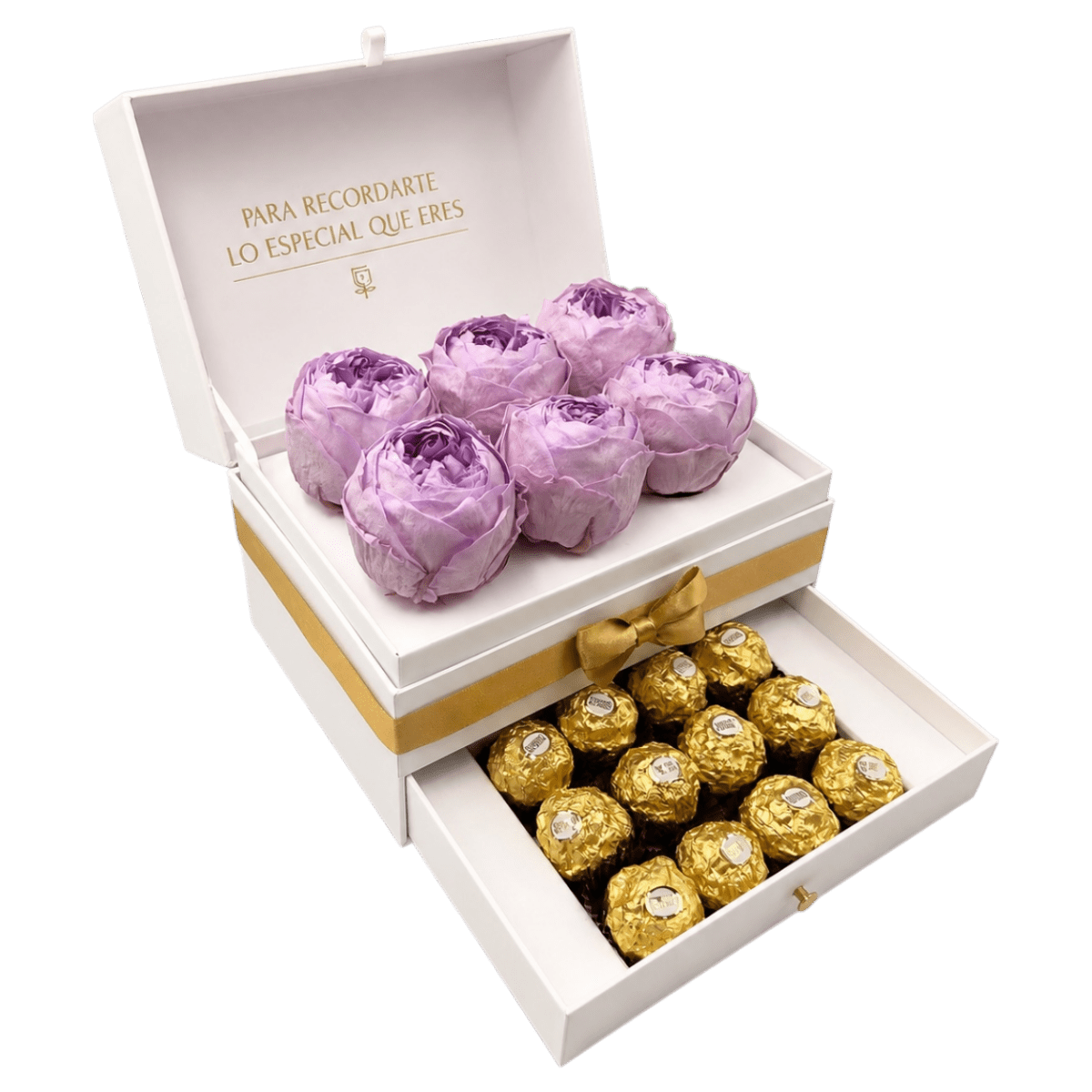 Cofret White de peonias con chocolates - arreglo de rosas - Rosata Floral
