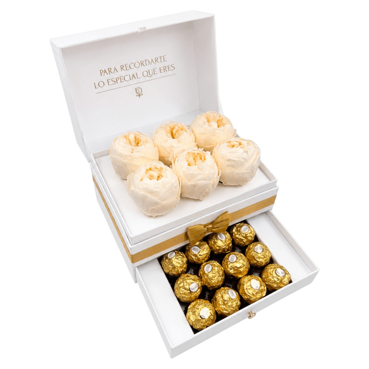 Cofret White | 6 peonias con chocolates - arreglo de rosas - Rosata Floral