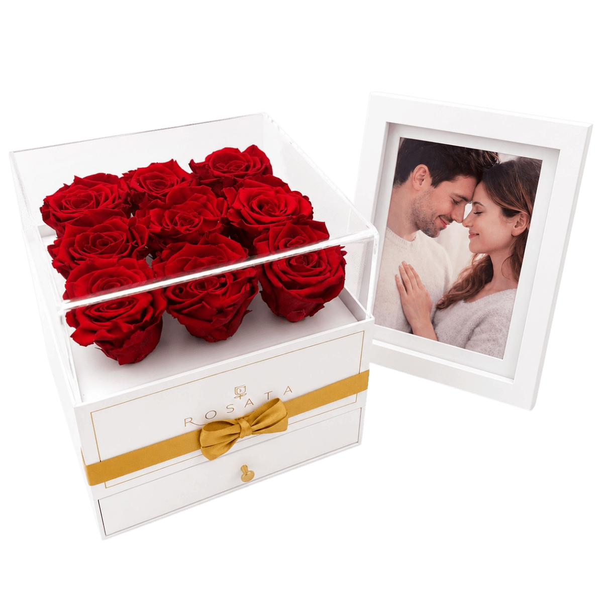 Harmonia White | 9 Rosas con foto enmarcada - arreglo de rosas - Rosata Floral