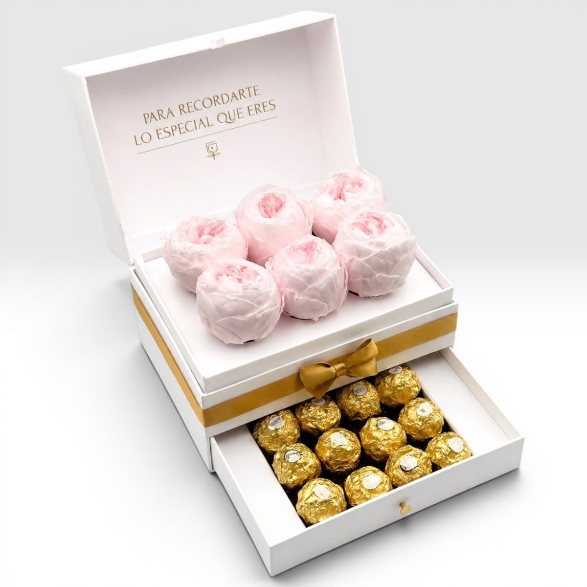 Cofret White - 6 peonias con chocolates - arreglo de rosas - Rosata Floral