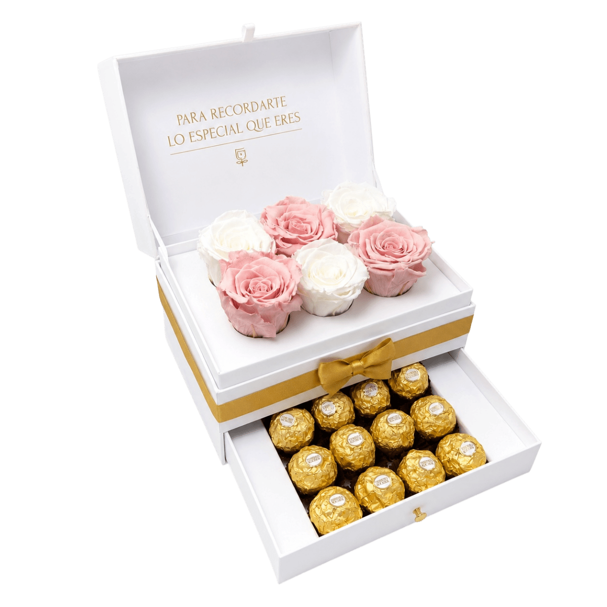 Cofret White de rosas con chocolates - arreglo de rosas - Rosata Floral