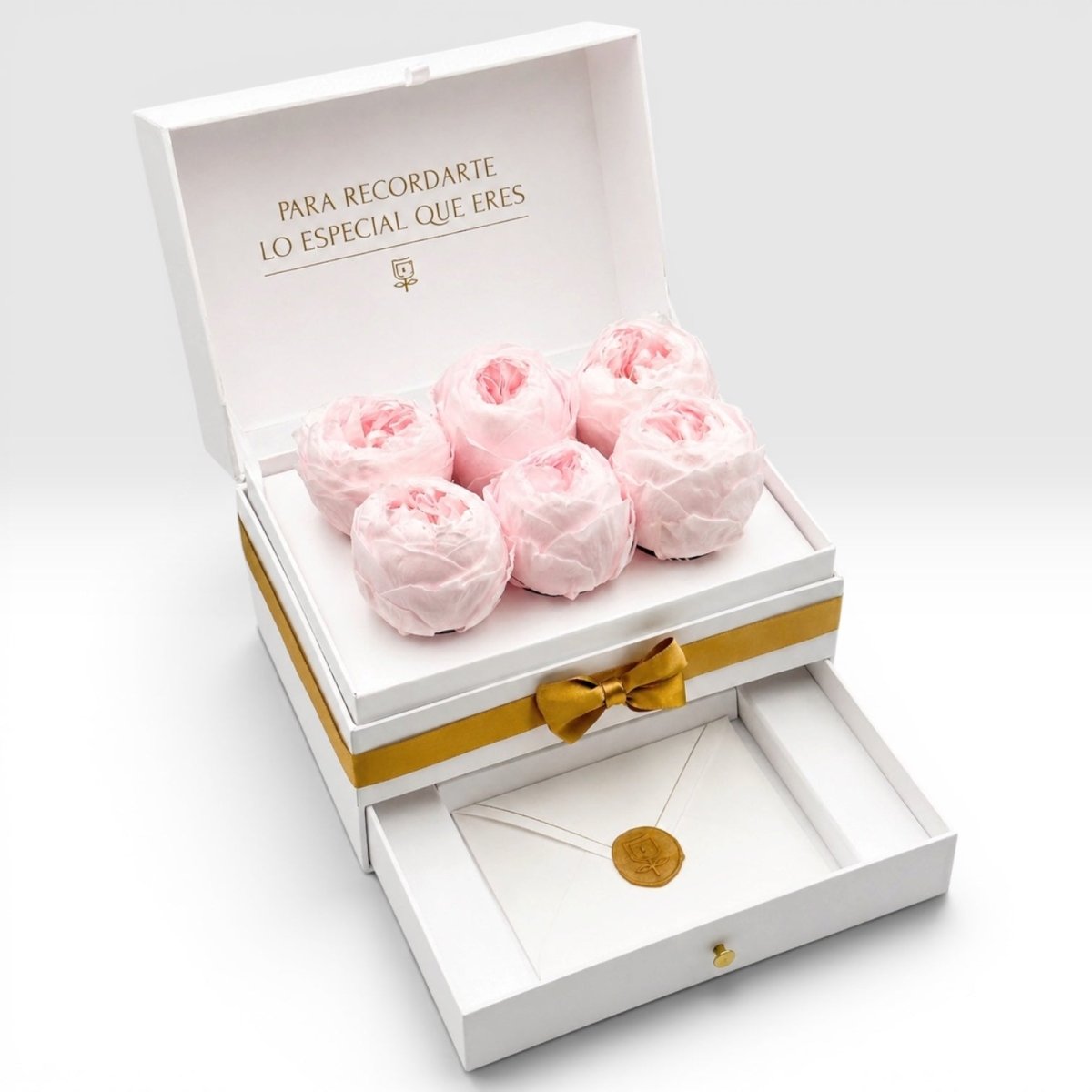 Cofret White - 6 Peonias eternas - arreglo de rosas - Rosata Floral