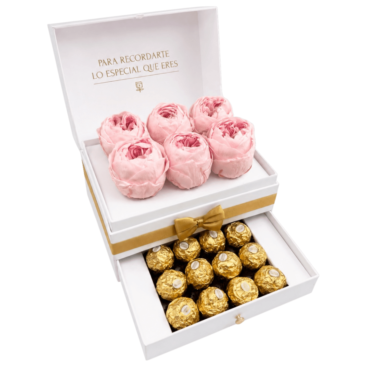 Cofret White | 6 peonias con chocolates - arreglo de rosas - Rosata Floral