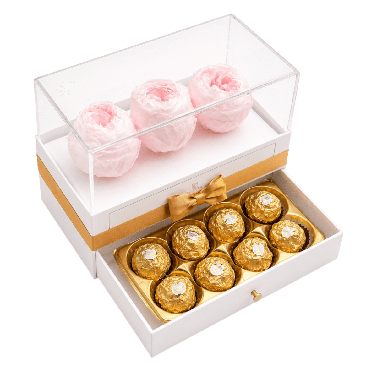 Harmonia White - 3 Peonias con chocolates - arreglo de rosas - Rosata Floral