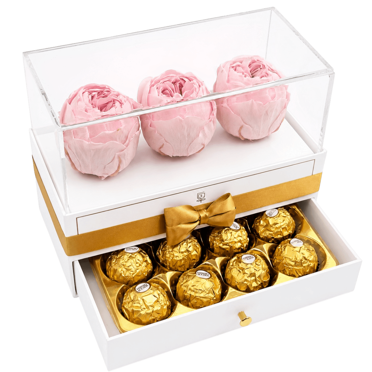 Harmonia White | 3 peonias con chocolates - arreglo de rosas - Rosata Floral