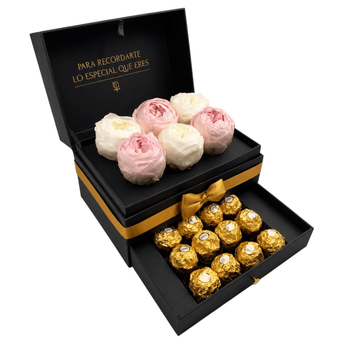 Cofret de peonias con chocolates - arreglo de rosas - Rosata Floral
