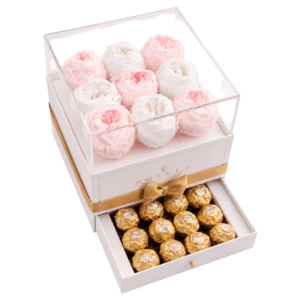 Harmonia White | 9 peonias con chocolates - arreglo de rosas - Rosata Floral