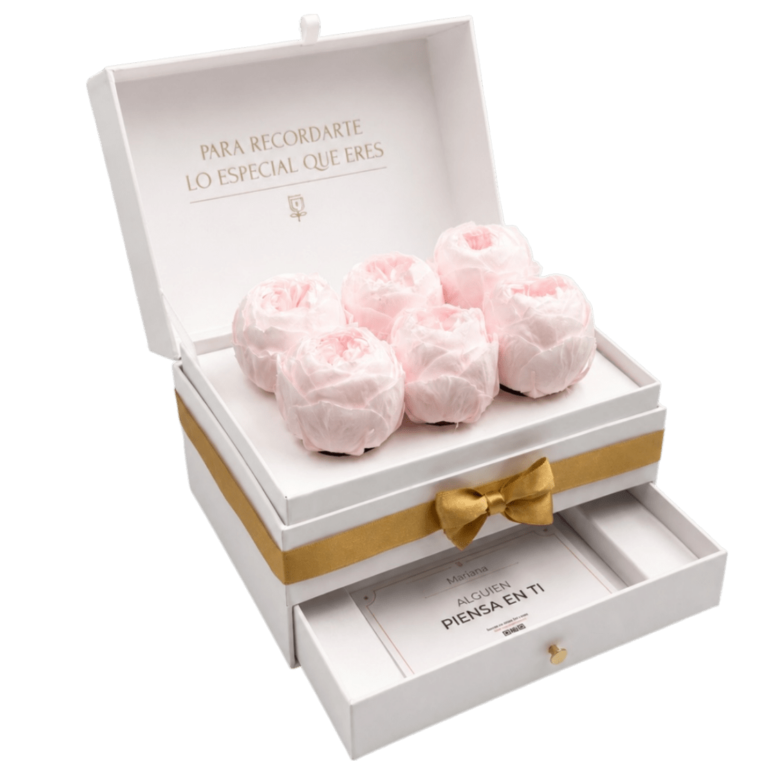 Cofret White - 6 Peonias eternas en cofre - arreglo de rosas - Rosata Floral