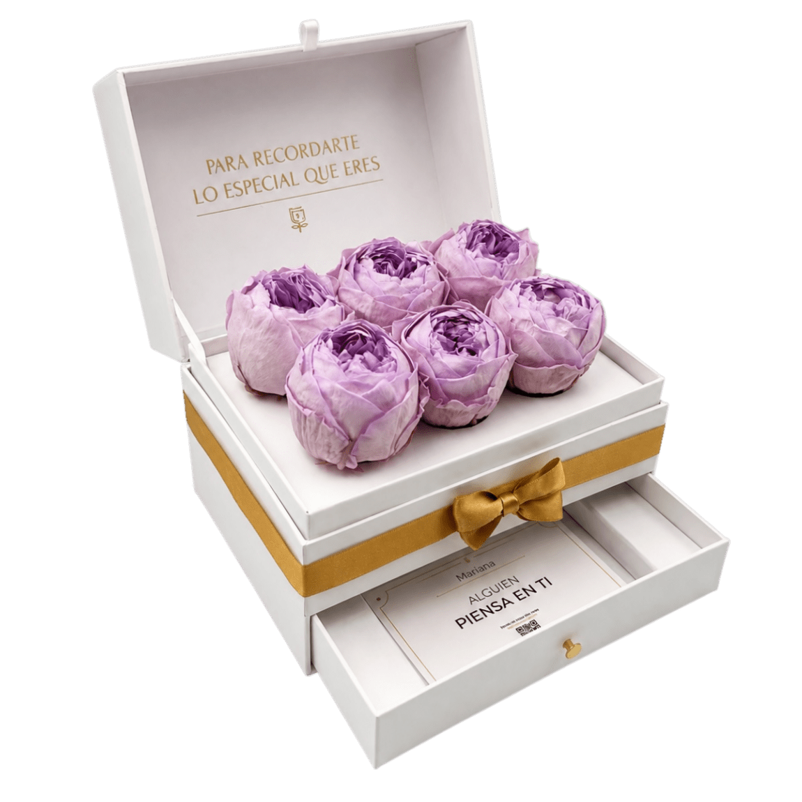 Cofret White - 6 Peonias eternas en cofre - arreglo de rosas - Rosata Floral