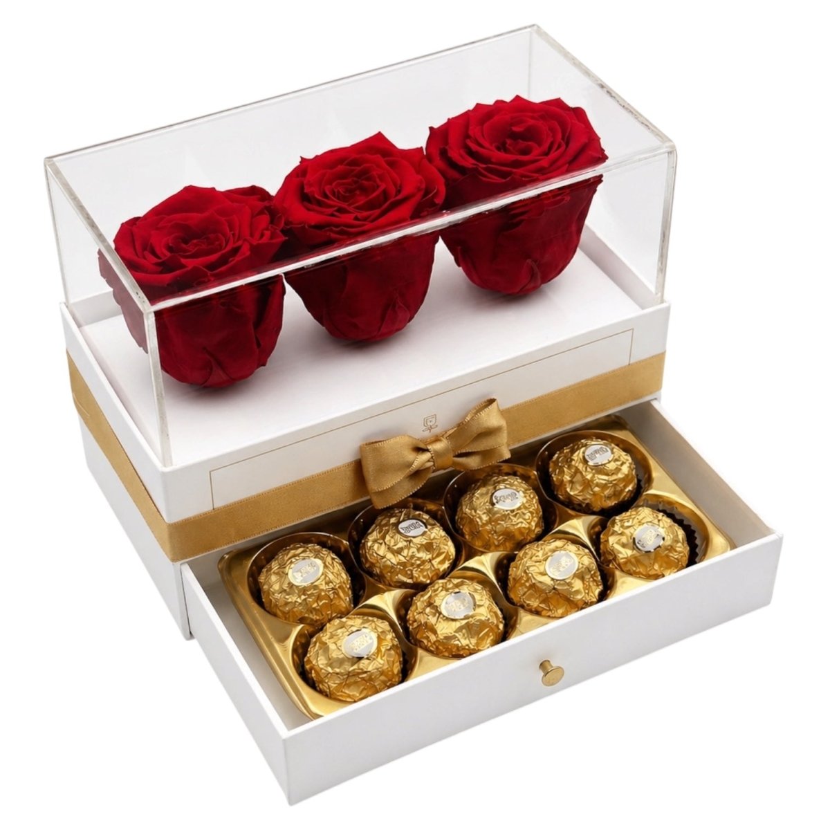 Harmonia White - 3 rosas con chocolates - arreglo de rosas - Rosata Floral