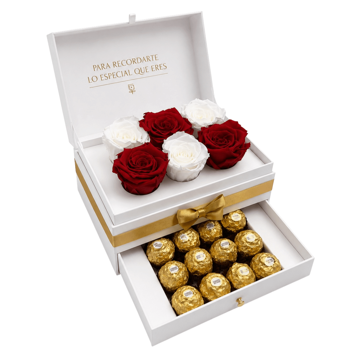 Cofret White de rosas con chocolates - arreglo de rosas - Rosata Floral