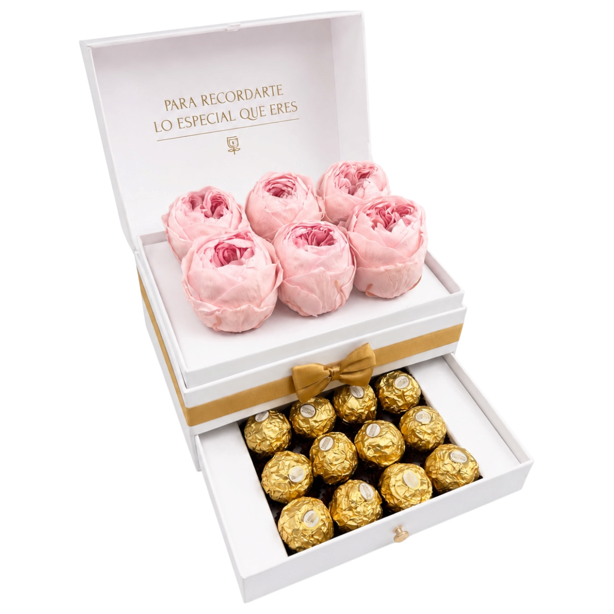 Cofret White | 6 peonias con chocolates