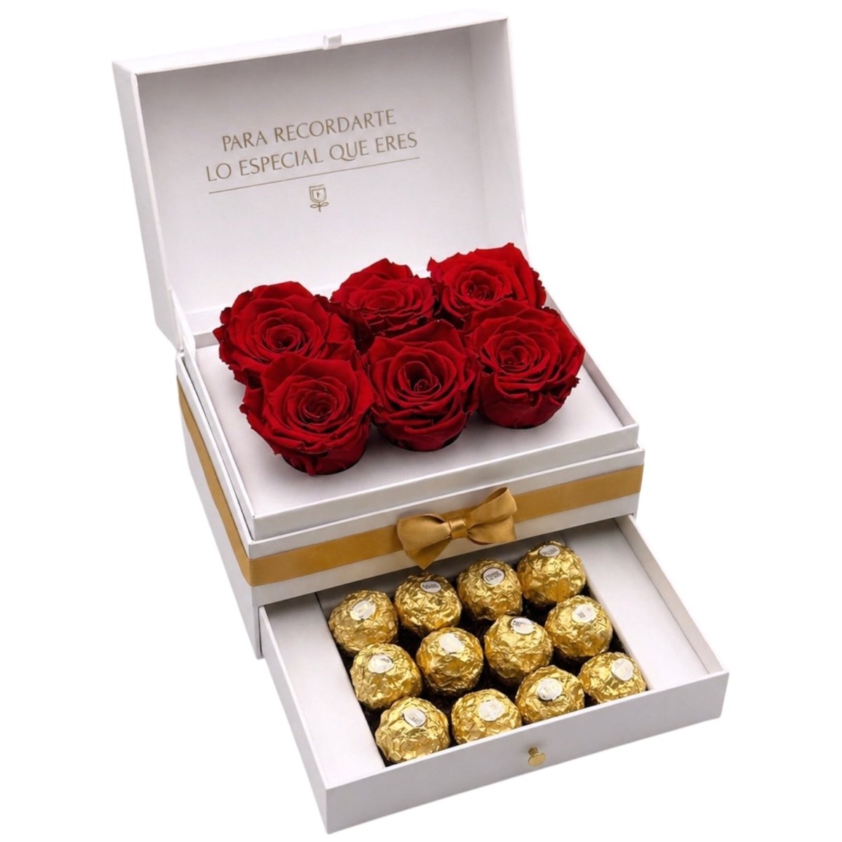 Cofret White - 6 rosas con chocolates - arreglo de rosas - Rosata Floral