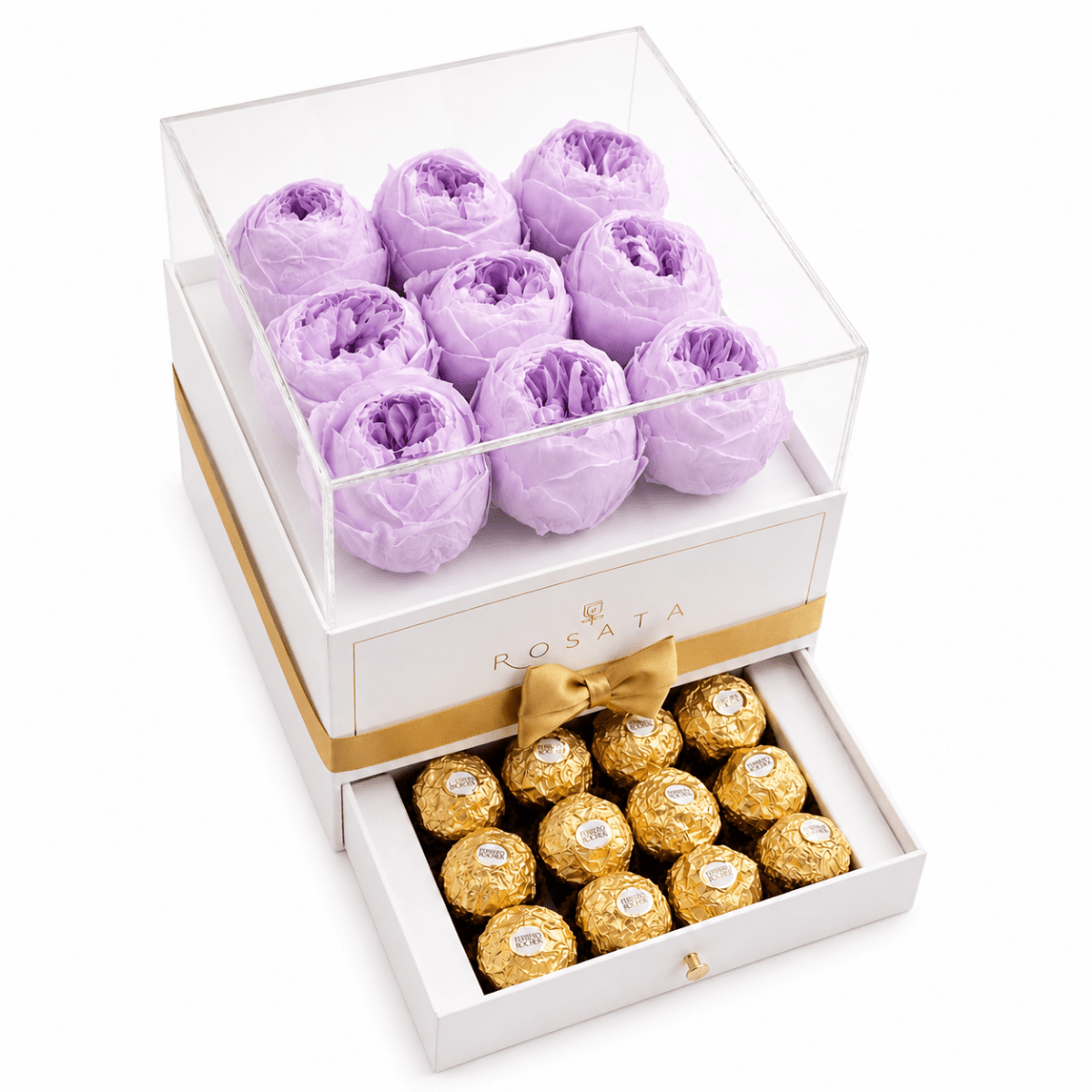 Harmonia White | 9 peonias con chocolates - arreglo de rosas - Rosata Floral