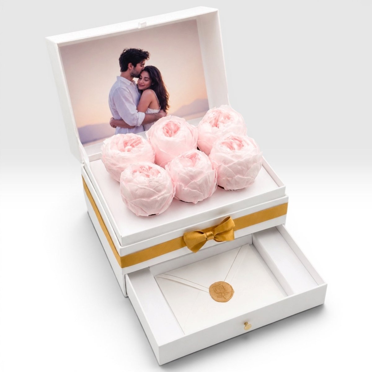 Cofret White - 6 peonias con foto - arreglo de rosas - Rosata Floral