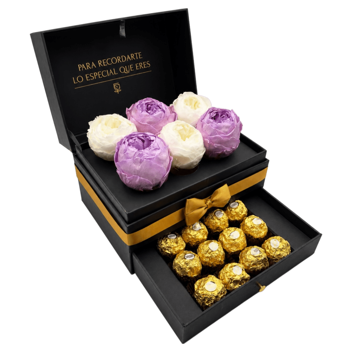 Cofret de peonias con chocolates - arreglo de rosas - Rosata Floral